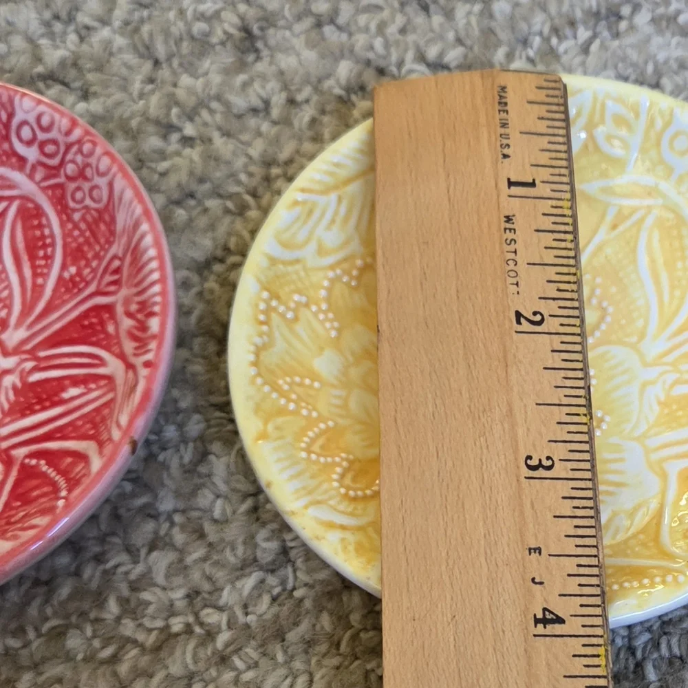 William Sonoma Two Embossed Floral Ceramic Yellow/Red Trinket Tray/Mini Plates